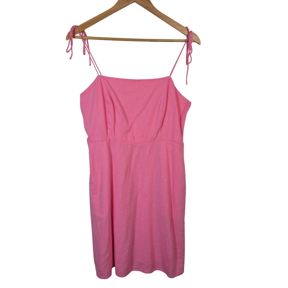 Old Navy Pink Linen Blend Tie Strap Smocked Mini Dress Women Large Pockets Cute